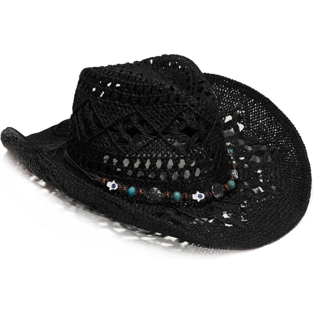Faux Raffia Cowboy Hat Wide Brim Sun Protection Beach Vacation Accessory - Picture 2 of 7